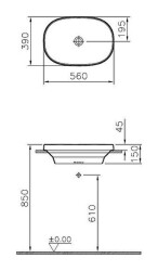 VitrA Frame Tezgahüstü lavabo 5652B401-0016 Oval - 55x39 cm - armatür deliksiz - su taşma deliksiz - Clean - mat beyaz - 2