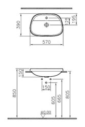 VitrA Frame Tezgahüstü lavabo 5696B401-0041 Tv shape - 55x39 cm - tek armatür delikli - su taşma deliksiz - Clean - mat beyaz - 2