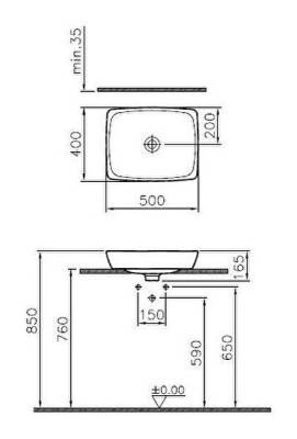 VitrA Metropole Çanak lavabo 5667B003-0016 Dikdörtgen - kompakt - 50x40 cm - armatür deliksiz - su taşma deliksiz - beyaz - 4