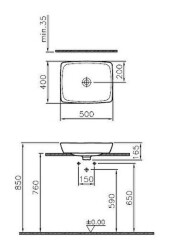 VitrA Metropole Tezgahaltı Lavabo 5667B003-1083 Dikdörtgen - Kompakt - 50x40 cm - Armatür Deliksiz - Su Taşma Deliksiz - Beyaz - 2
