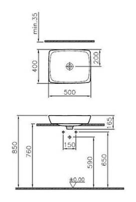 VitrA Metropole Tezgahaltı Lavabo 5667B003-1083 Dikdörtgen - Kompakt - 50x40 cm - Armatür Deliksiz - Su Taşma Deliksiz - Beyaz - 2