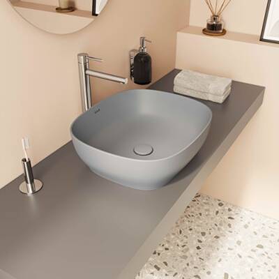 VitrA Outline Çanak Lavabo 5994B476-0016 Dikdörtgen - Kompakt - 45x41 cm - Armatür Deliksiz - Su Taşma Deliksiz - Clean - Mat Taş Gri - 3