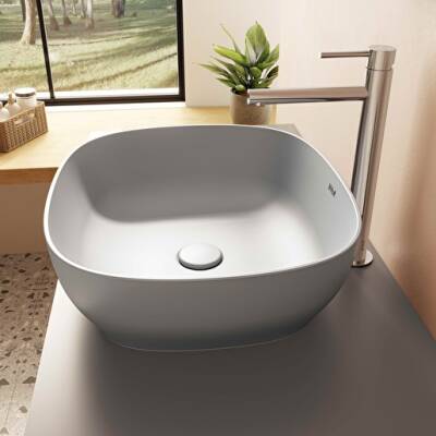 VitrA Outline Çanak Lavabo 5994B476-0016 Dikdörtgen - Kompakt - 45x41 cm - Armatür Deliksiz - Su Taşma Deliksiz - Clean - Mat Taş Gri - 4