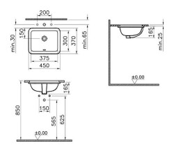 VitrA S20 Tezgahaltı lavabo 5473B003-0618 Dikdörtgen - kompakt - 45x37 cm - armatür deliksiz - su taşma delikli - beyaz - 2