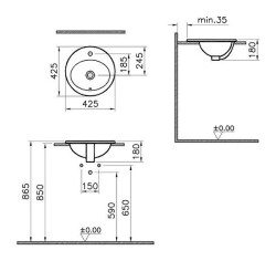 VitrA S20 Tezgahüstü lavabo 5466B003-0001 Yuvarlak - kompakt - 45x43 cm - tek armatür delikli - su taşma delikli - beyaz - 3