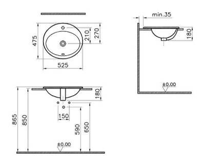 VitrA S20 Tezgahüstü lavabo 5468B003-0001 Oval - 55x48 cm - tek armatür delikli - su taşma delikli - beyaz - 2