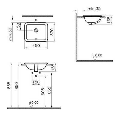 VitrA S20 Tezgahüstü lavabo 5473B003-0642 Dikdörtgen - kompakt - 45x37 cm - armatür deliksiz - su taşma delikli - beyaz - 3