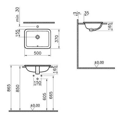 VitrA S20 Tezgahüstü lavabo 5474B003-0642 Dikdörtgen - kompakt - 50x37 cm - armatür deliksiz - su taşma delikli - beyaz - 2