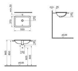 VitrA S20 Tezgahüstü lavabo 5475B003-0642 Dikdörtgen - 55x37 cm - armatür deliksiz - su taşma delikli - beyaz - 3