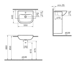 VitrA S20 Yarım tezgah lavabo 5524B003-0001 Dikdörtgen - 55x44 cm - tek armatür delikli - su taşma delikli - beyaz - 2