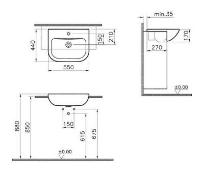 VitrA S20 Yarım tezgah lavabo 5524B003-0001 Dikdörtgen - 55x44 cm - tek armatür delikli - su taşma delikli - beyaz - 2