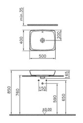 VitrA Metropole Çanak Lavabo 5667B003-0012 Dikdörtgen - Kompakt - 50x40 cm - Armatür Deliksiz - Su Taşma Delikli - Beyaz - 3