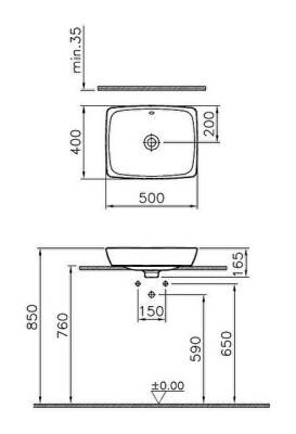 VitrA Metropole Çanak Lavabo 5667B003-0012 Dikdörtgen - Kompakt - 50x40 cm - Armatür Deliksiz - Su Taşma Delikli - Beyaz - 3