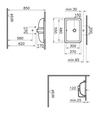 VitrA S20 Tezgahaltı Lavabo 7475B003-0618 Dikdörtgen - 55x37 cm - Armatür Deliksiz - Su Taşma Delikli - Beyaz - 2