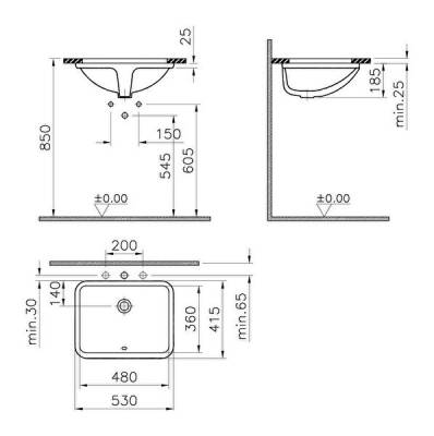 VitrA S20 Tezgahaltı Lavabo 5339B003-0012 Dikdörtgen - 48x36 cm - Armatür Deliksiz - Su Taşma Delikli - Beyaz - 3
