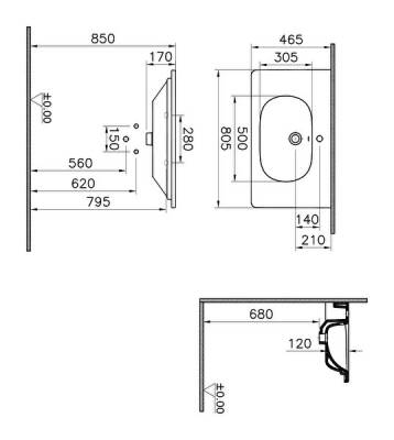 VitrA Zentrum Etajerli Lavabo 7793B003-0001 Dikdörtgen - 80x46 cm - Tek Armatür Delikli - Su Taşma Delikli - Beyaz - 3